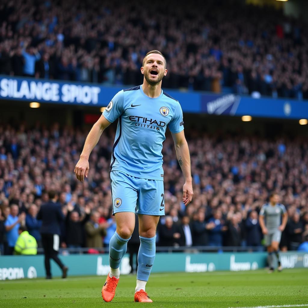 Erling Haaland celebrating a goal with Manchester City fans