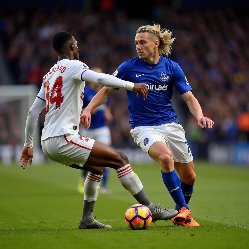 Erling Haaland facing Everton's defense