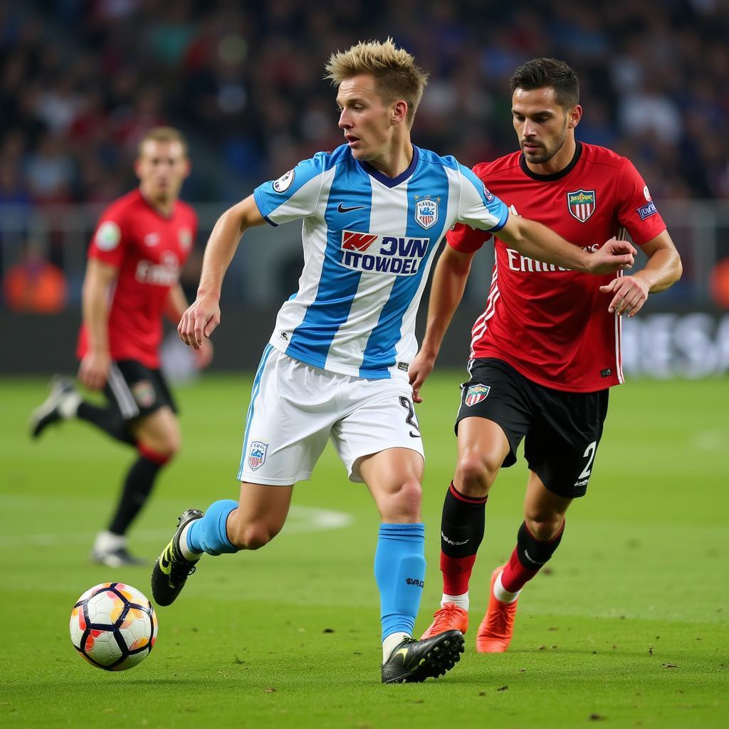 Erling Haaland dribbling past a defender