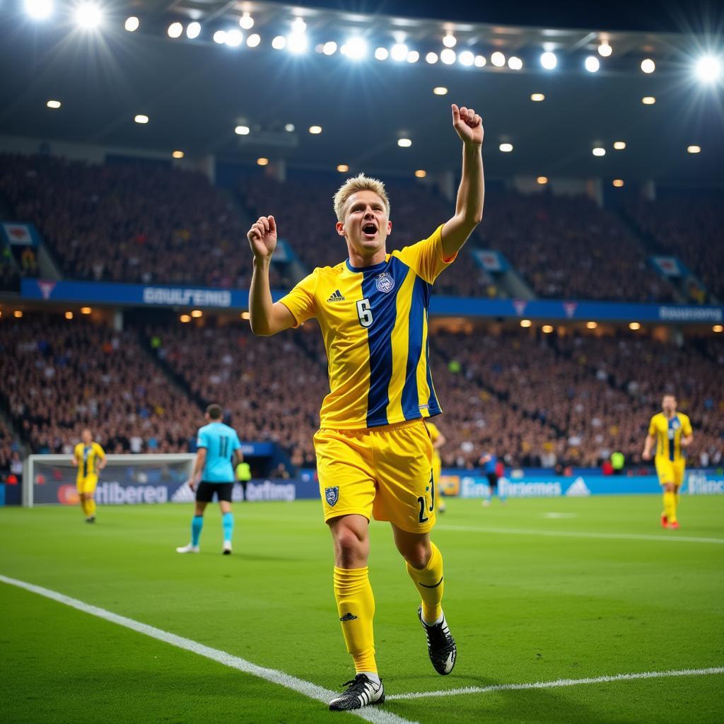 Erling Haaland celebrating a goal with fans