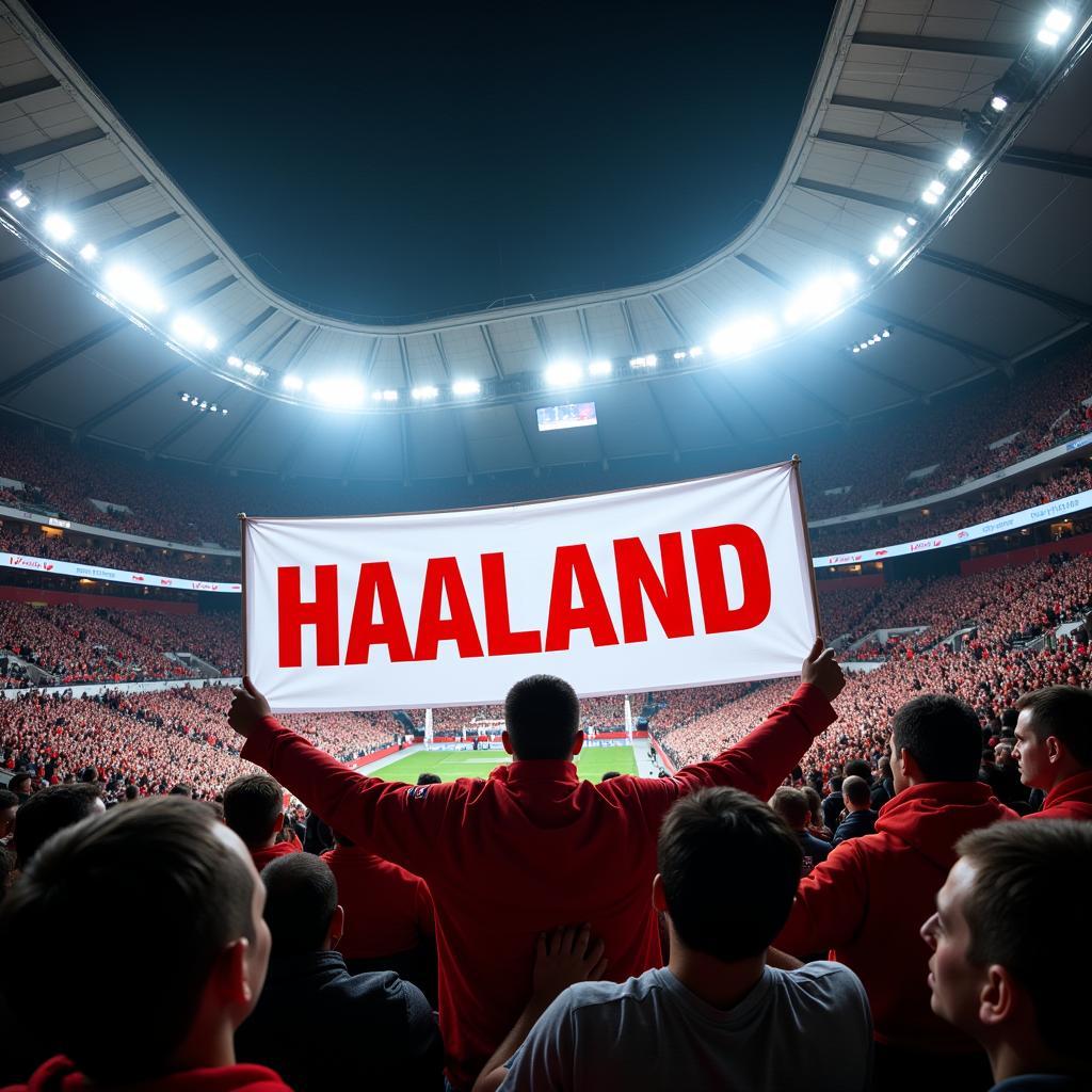 Fans hold up a banner with Erling Haaland's name