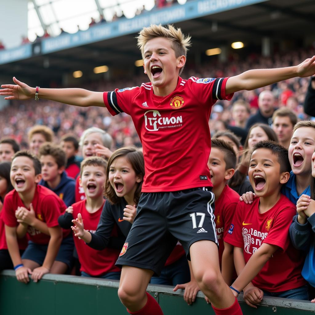 Young fans celebrate a Haaland header.