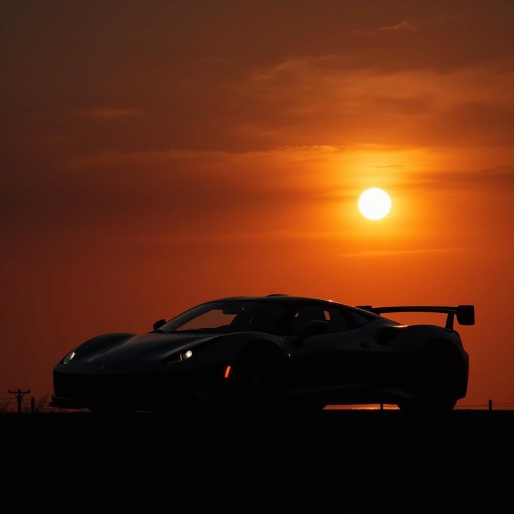 Silhouette of a sports car against a sunset backdrop