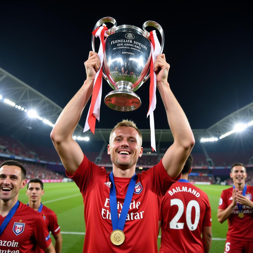 Erling Haaland holding the Champions League trophy