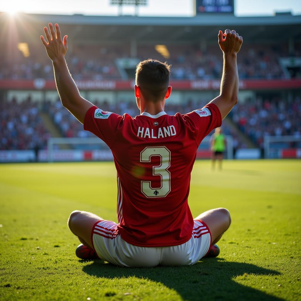 Erling Haaland celebrates a goal with his signature meditation pose