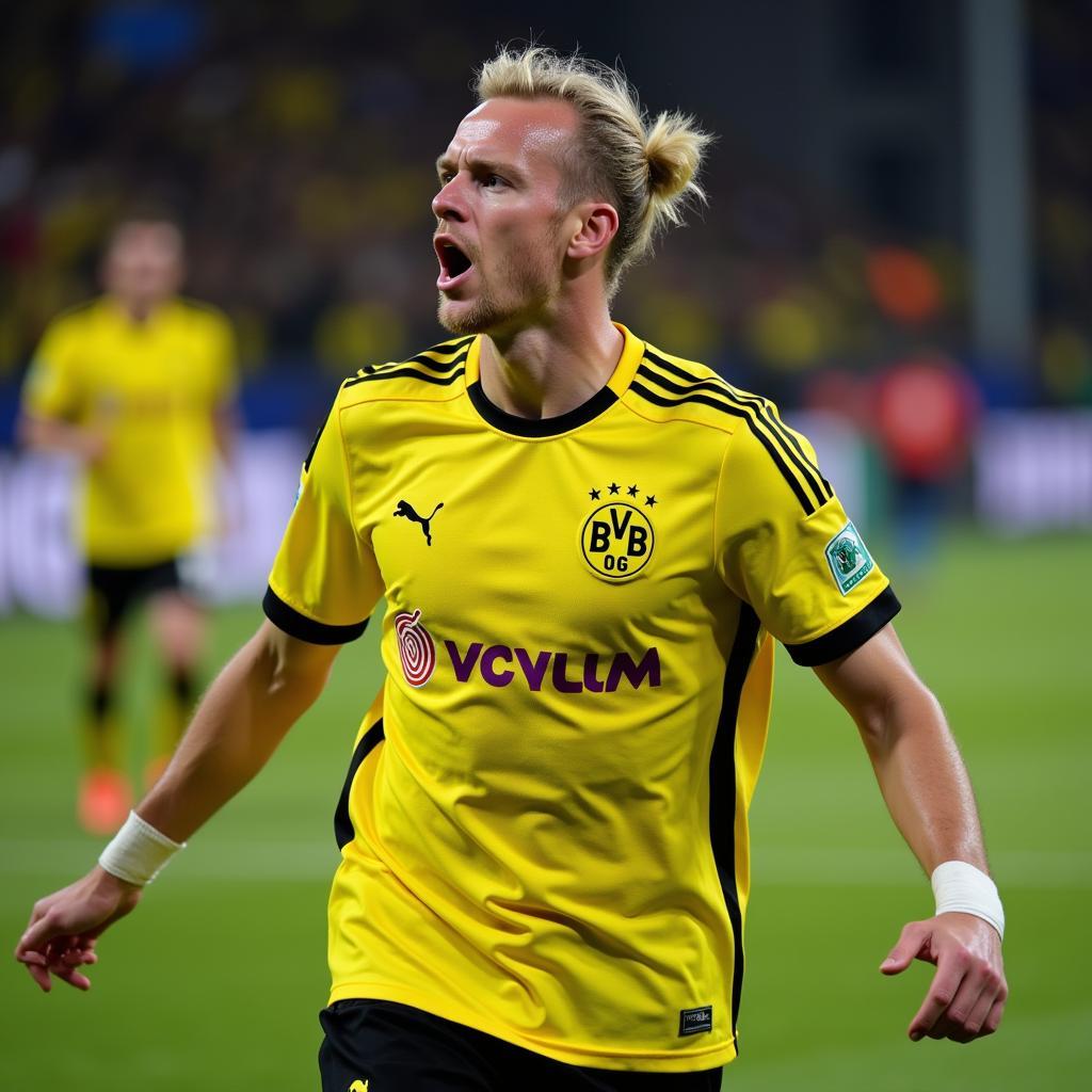 Erling Haaland celebrates a goal with Borussia Dortmund