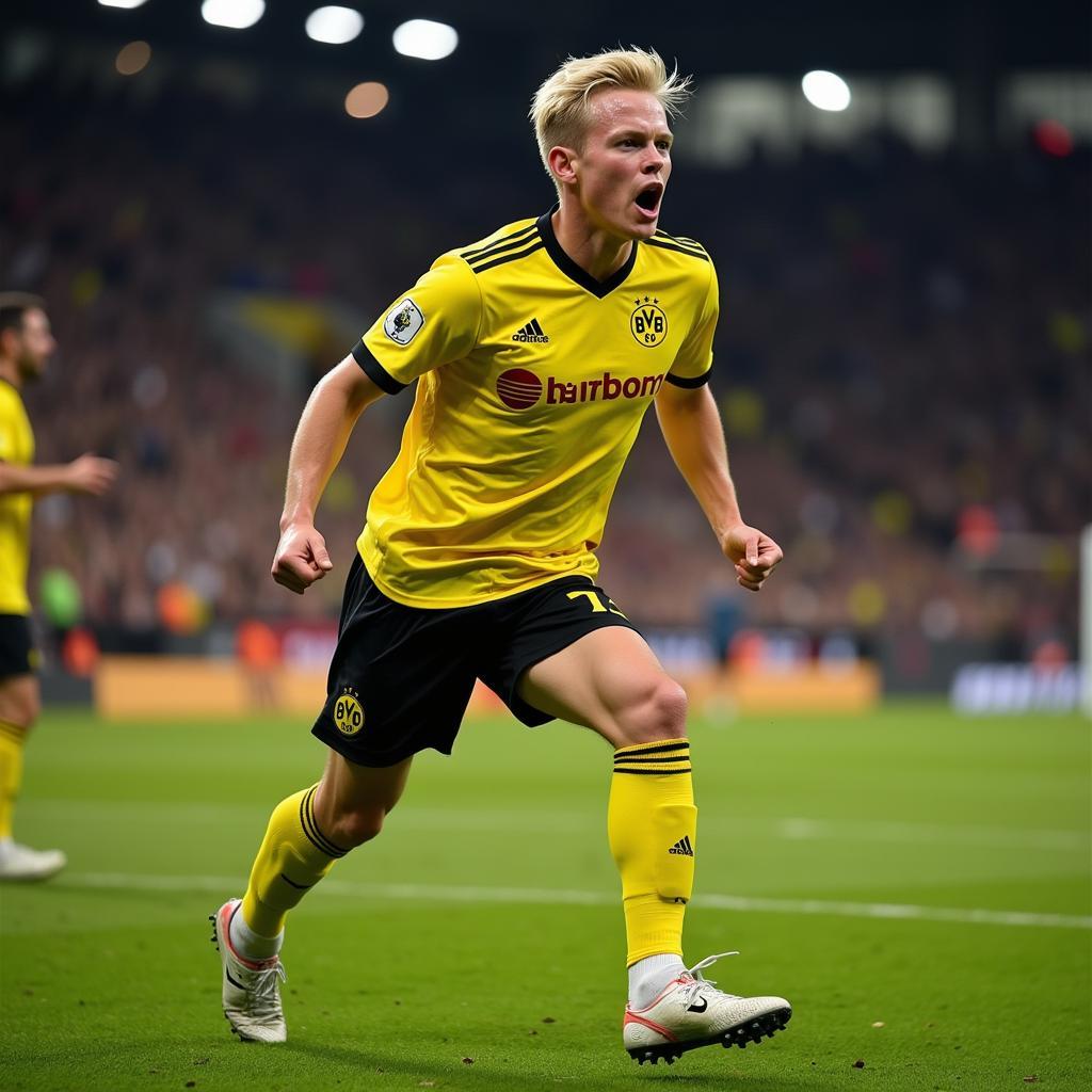 Erling Haaland celebrates a goal with Borussia Dortmund