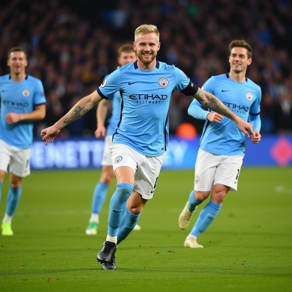 Haaland celebrates a goal for Manchester City.