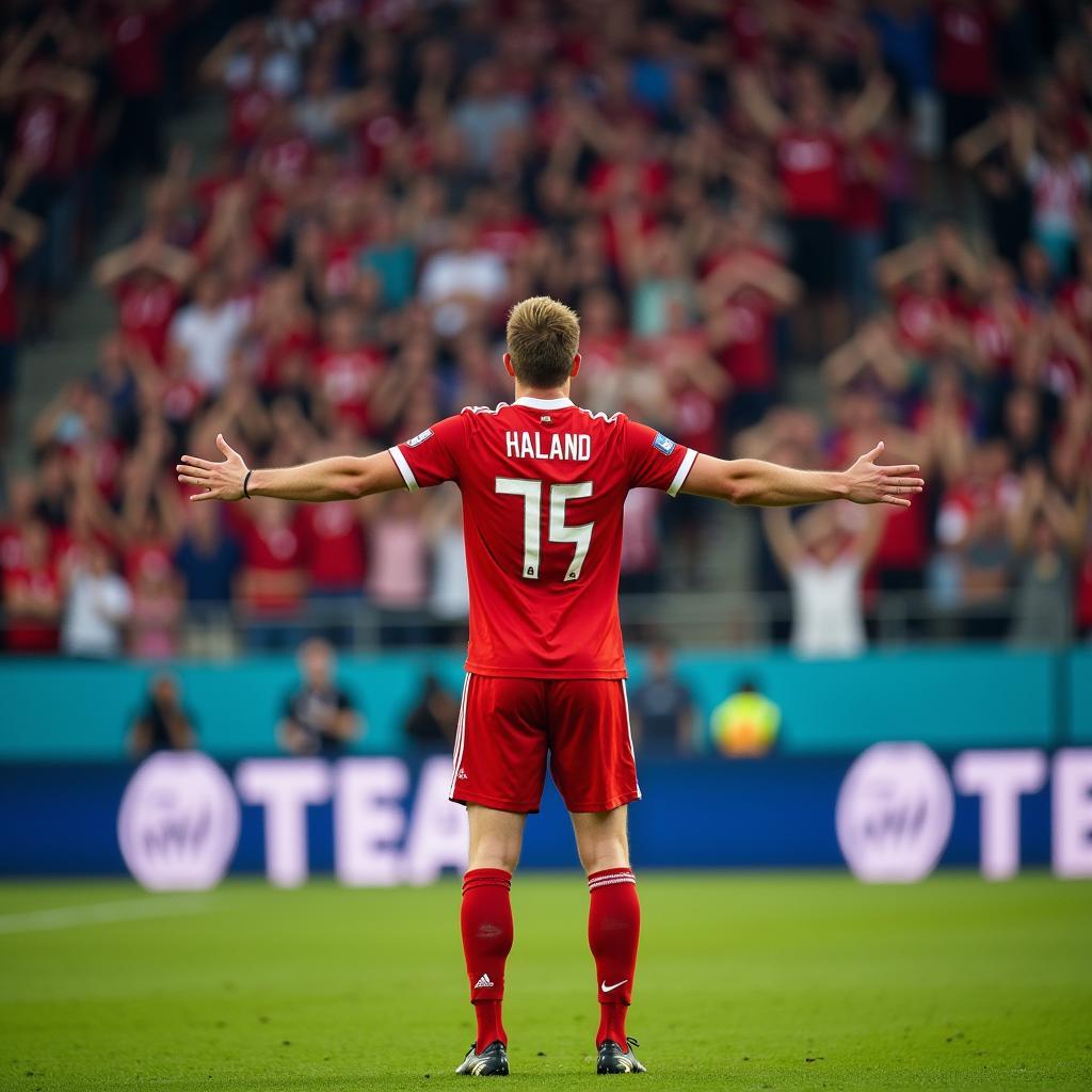 Haaland celebrates a goal with his signature meditation pose