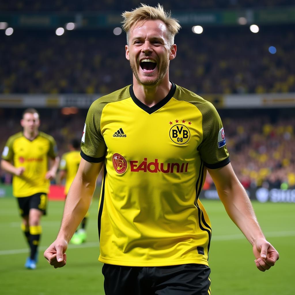 Erling Haaland celebrates a goal with Borussia Dortmund