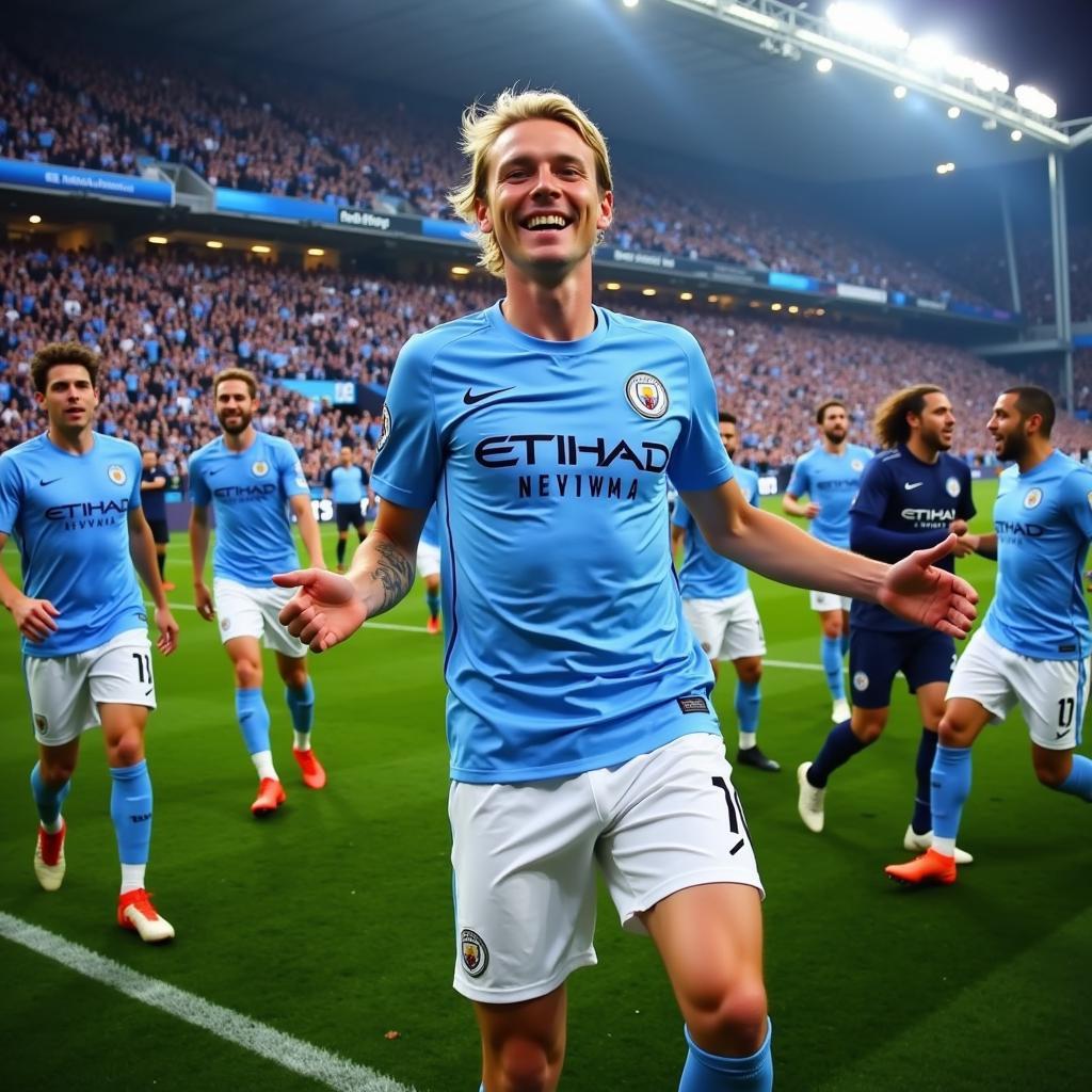 Haaland celebrates a goal with Manchester City teammates