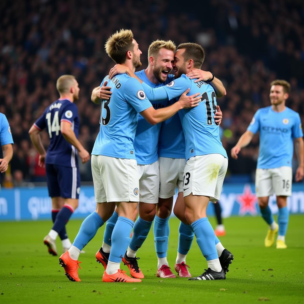 Erling Haaland celebrates a goal with his Manchester City teammates