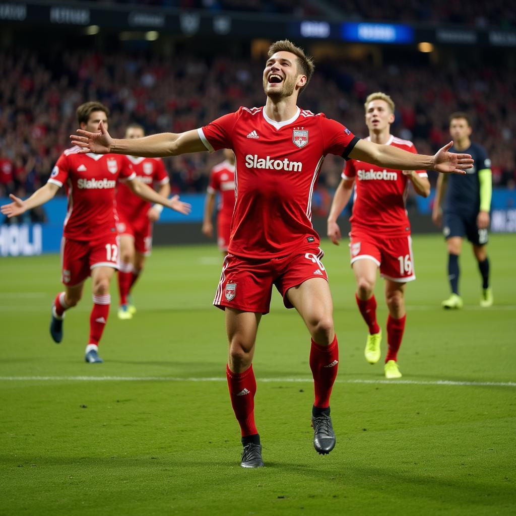 Haaland celebrating a goal with his teammates