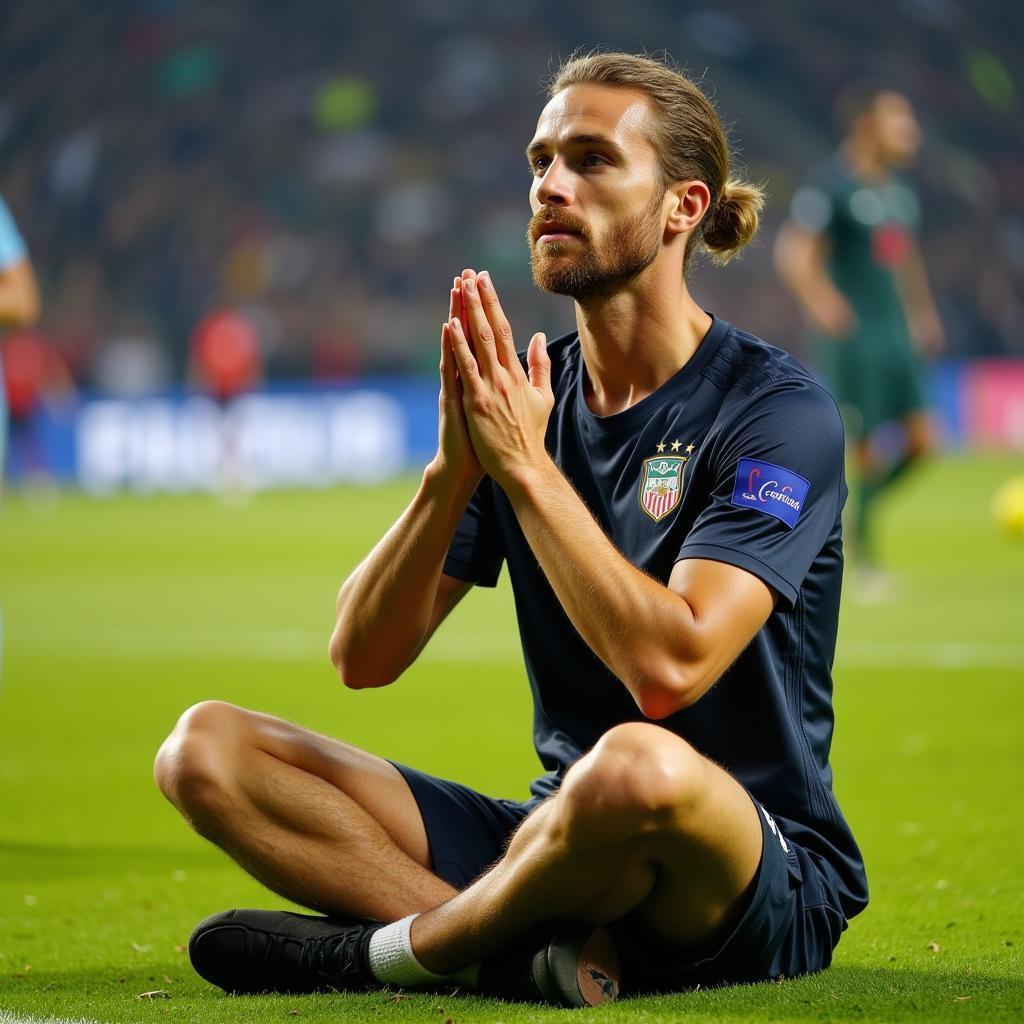 Haaland celebrates a goal with his signature meditation pose