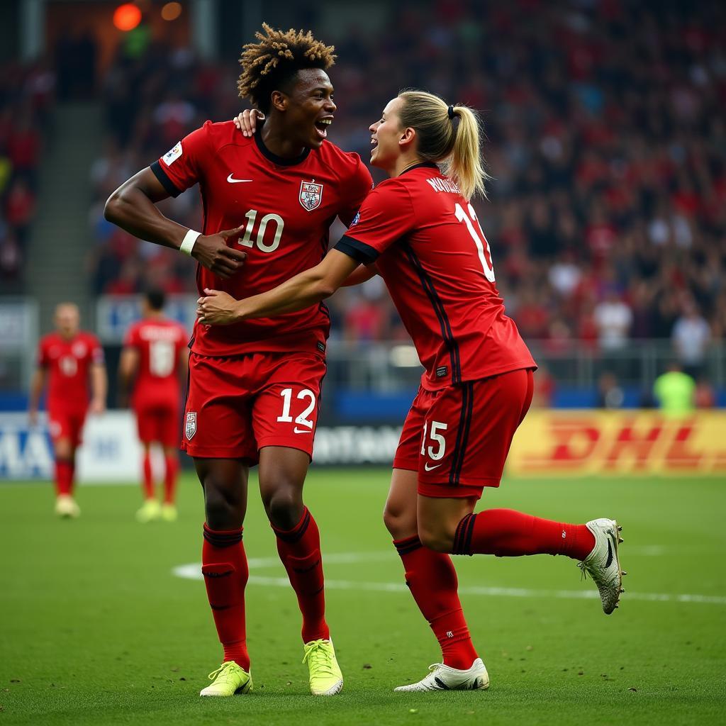 Haaland celebrating a goal with Doku