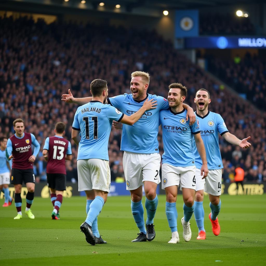 Haaland celebrates with his Manchester City teammates