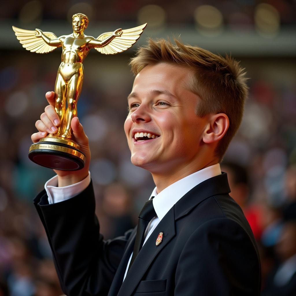 Erling Haaland holding the Golden Boy award