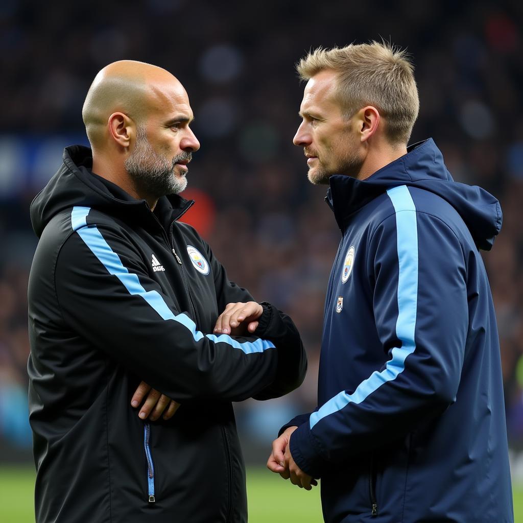 Haaland and Guardiola share a moment on the sidelines.