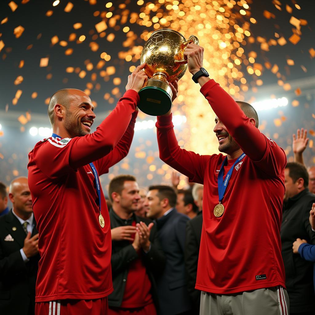 Haaland and Guardiola celebrating with a trophy