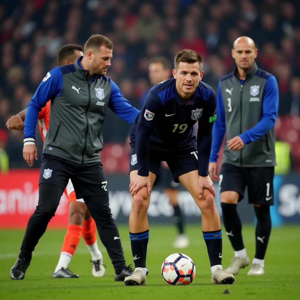 Erling Haaland clutching his hamstring during a match