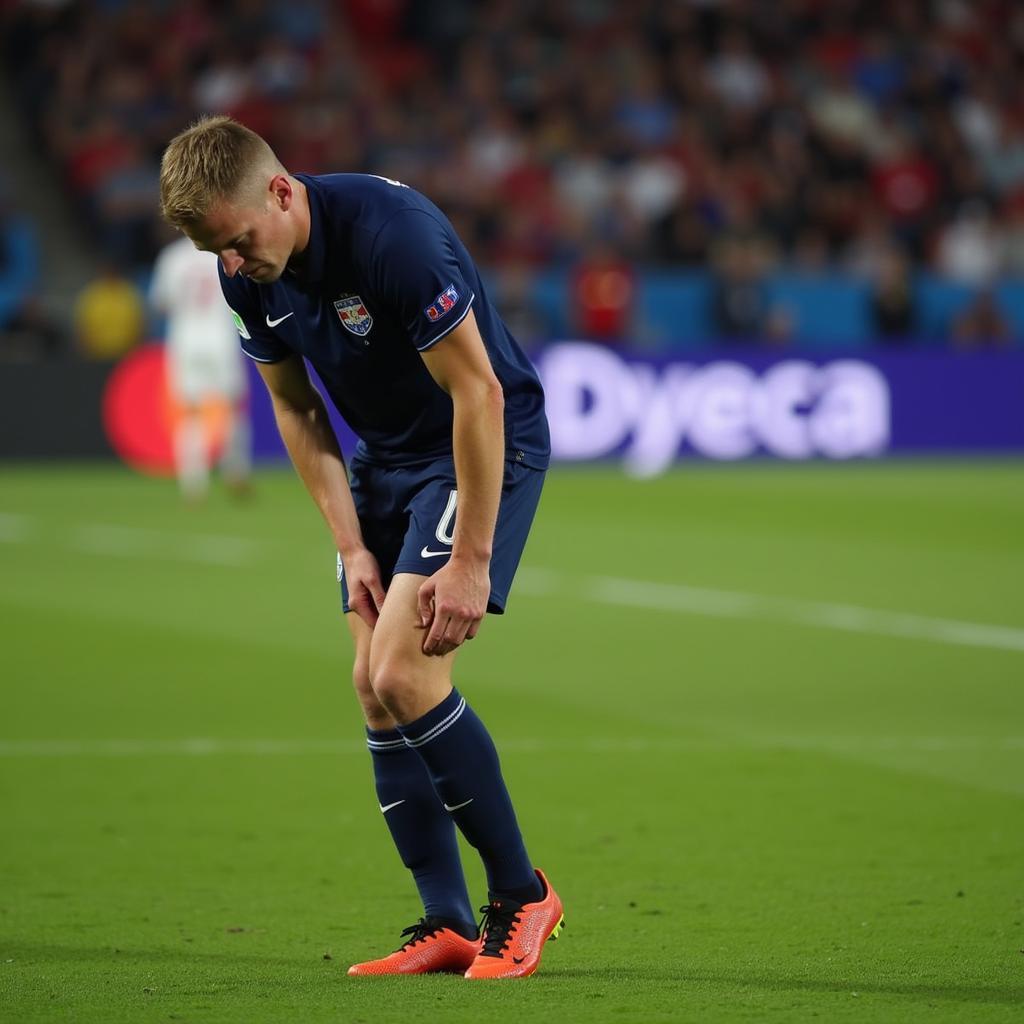 Erling Haaland clutching his hamstring during a match