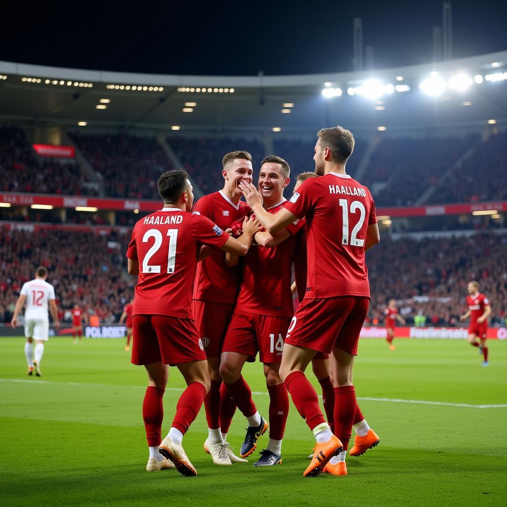 Erling Haaland celebrating a hat-trick with his teammates