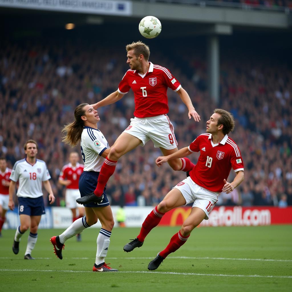 Haaland leaps high to head the ball into the net