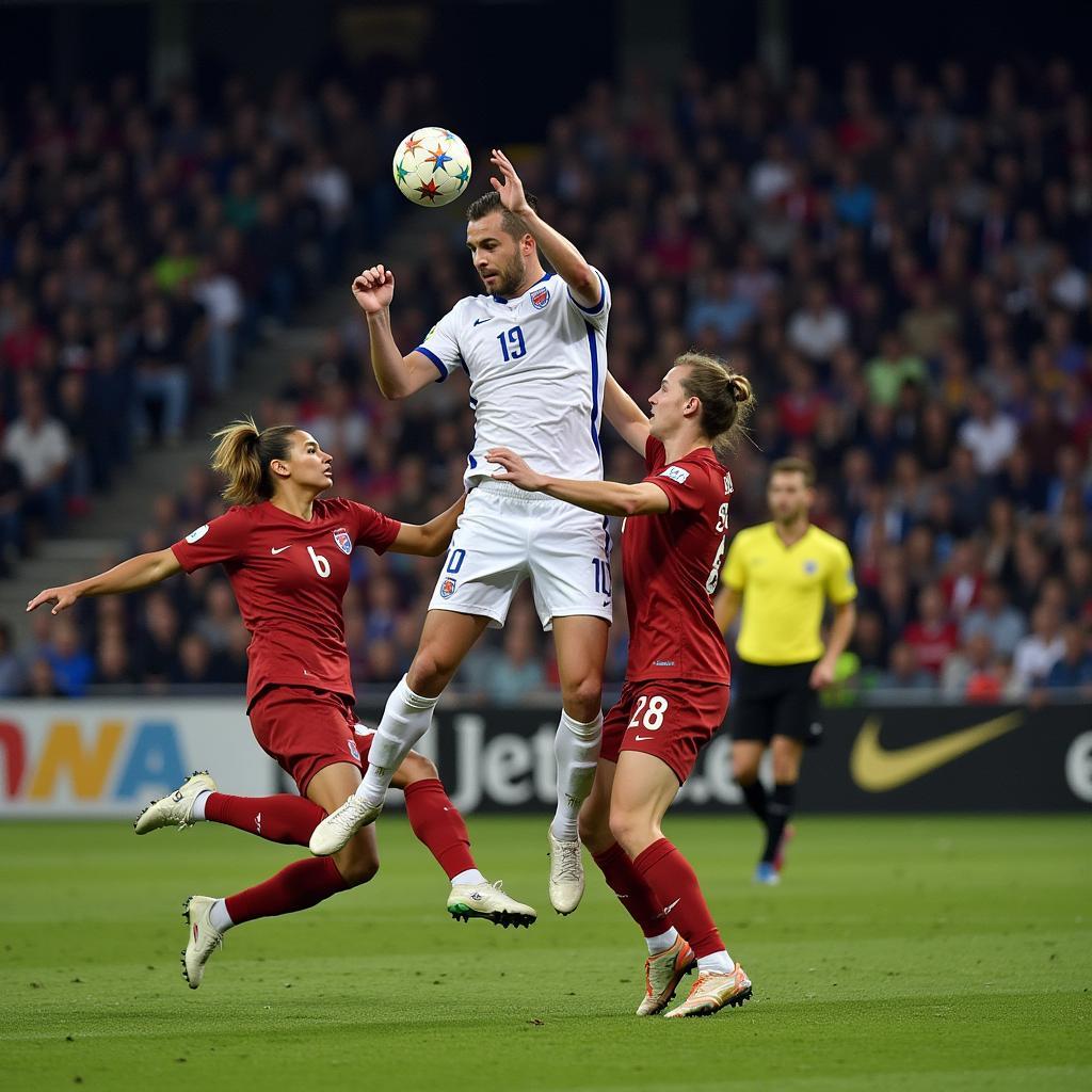 Haaland leaping high to score a header