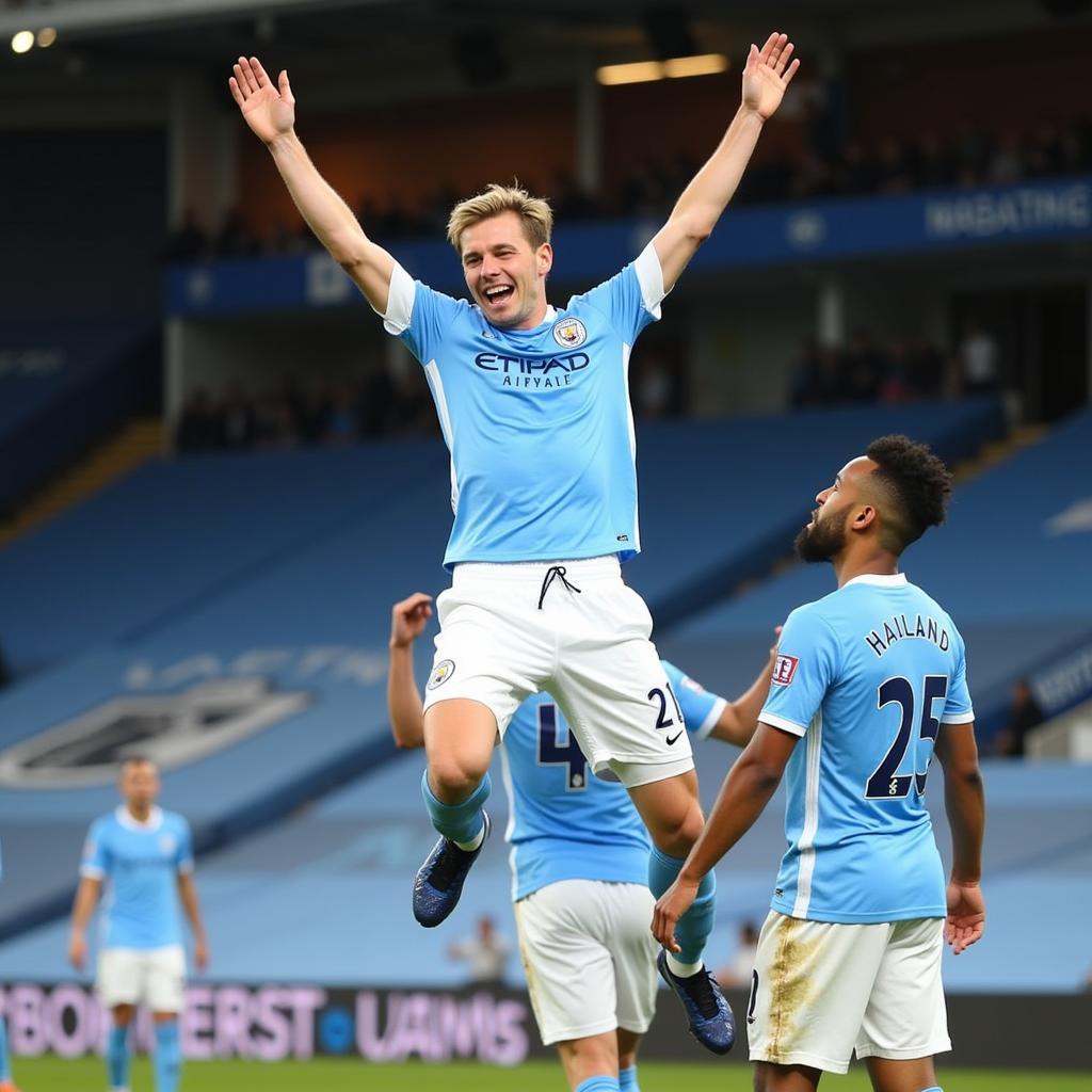 Haaland celebrates after scoring a header for Manchester City.