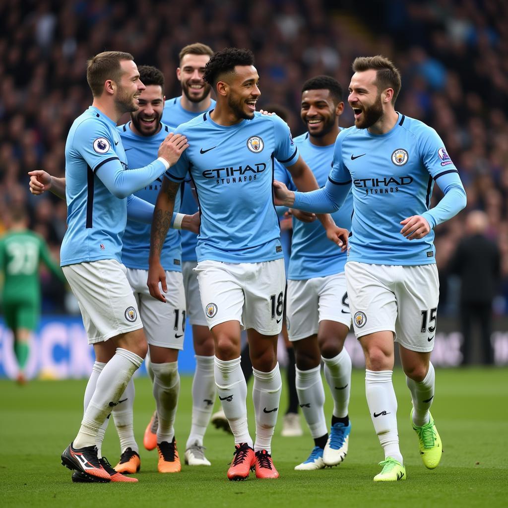 Haaland celebrating with Manchester City teammates