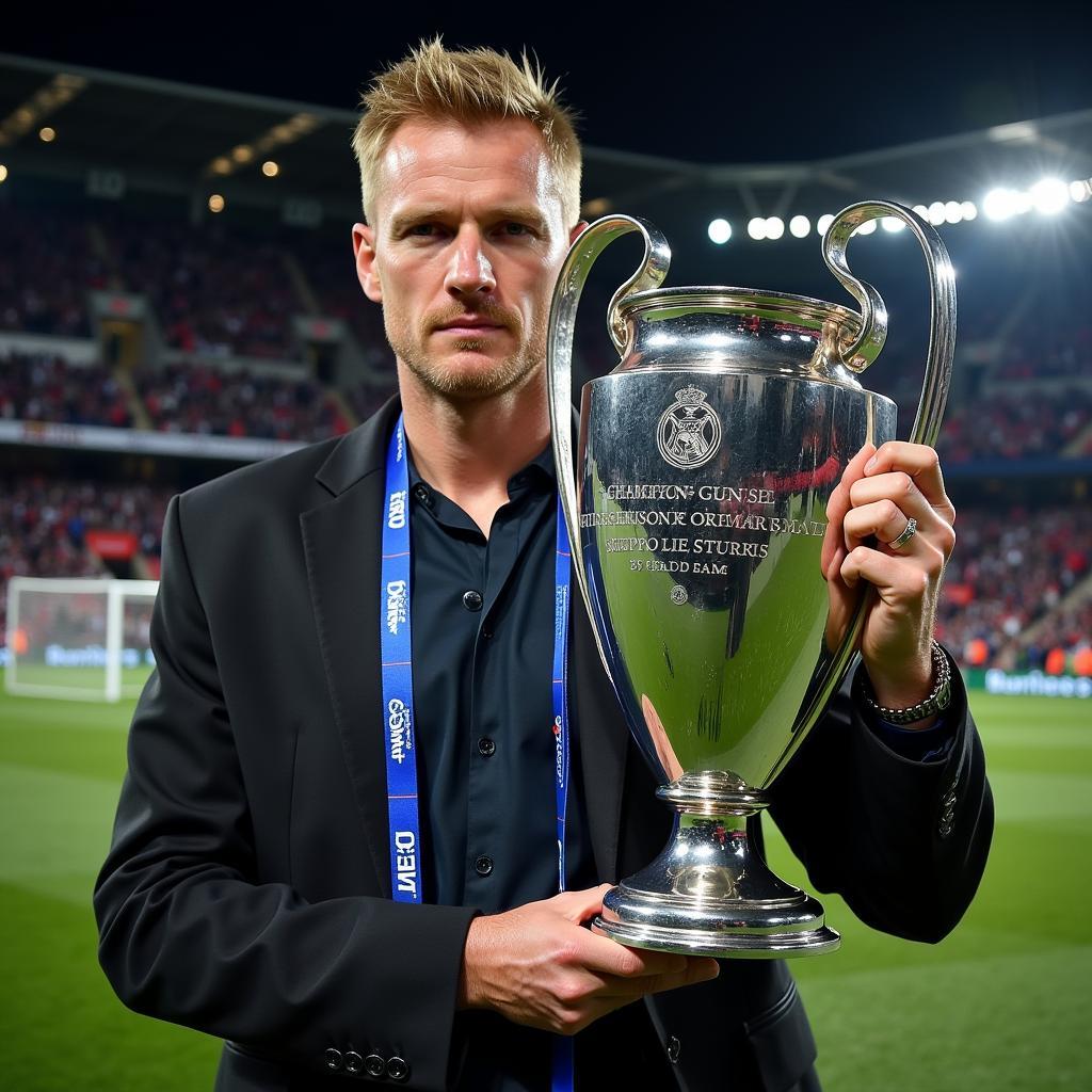 Haaland holding the UEFA Champions League trophy