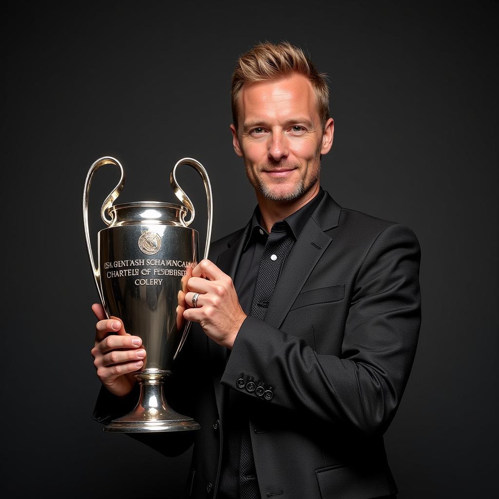 Haaland holding a Champions League trophy