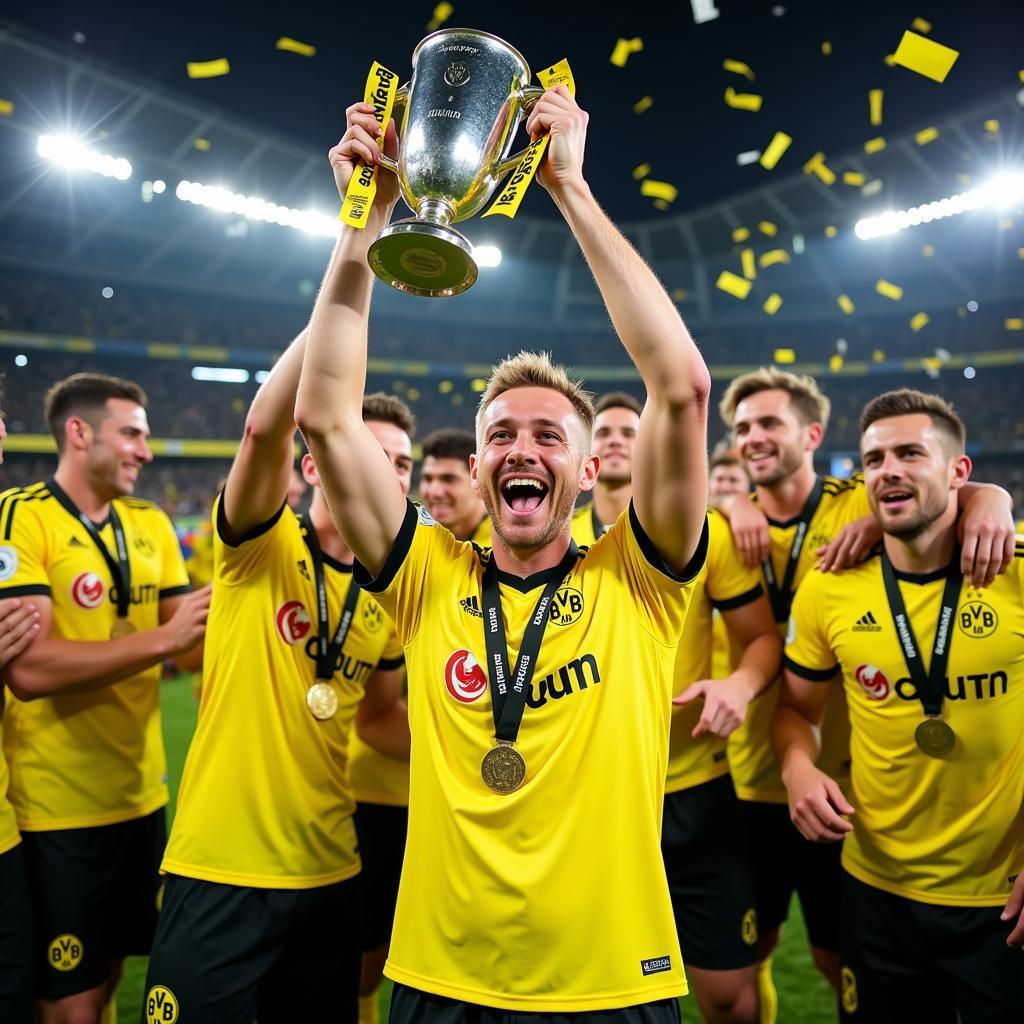 Haaland holding the DFB-Pokal trophy with Dortmund teammates