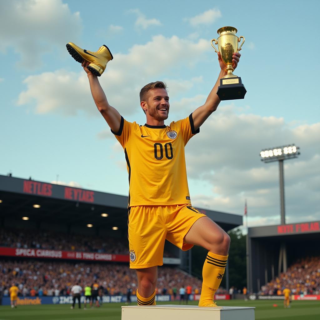 Erling Haaland proudly holds the Golden Boot award.