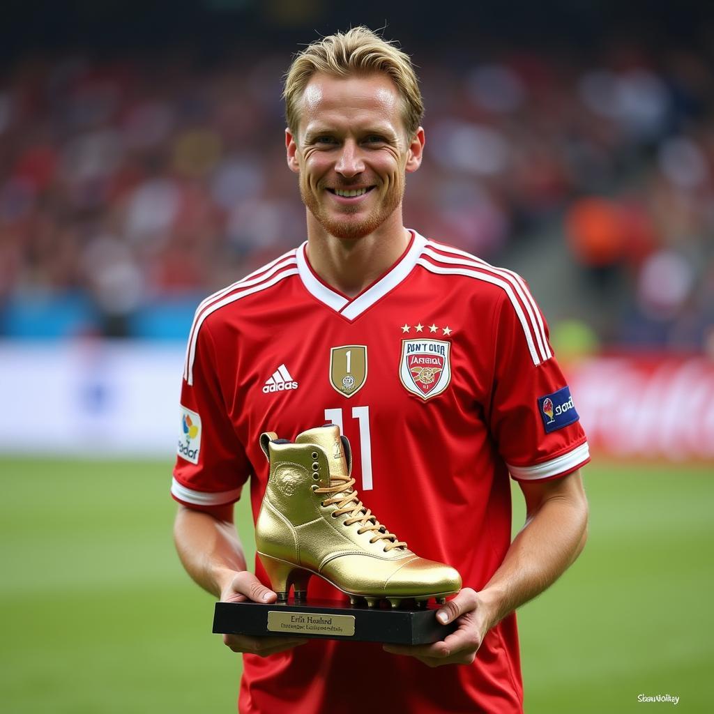 Haaland proudly holds aloft a golden boot award, a testament to his goal-scoring prowess.