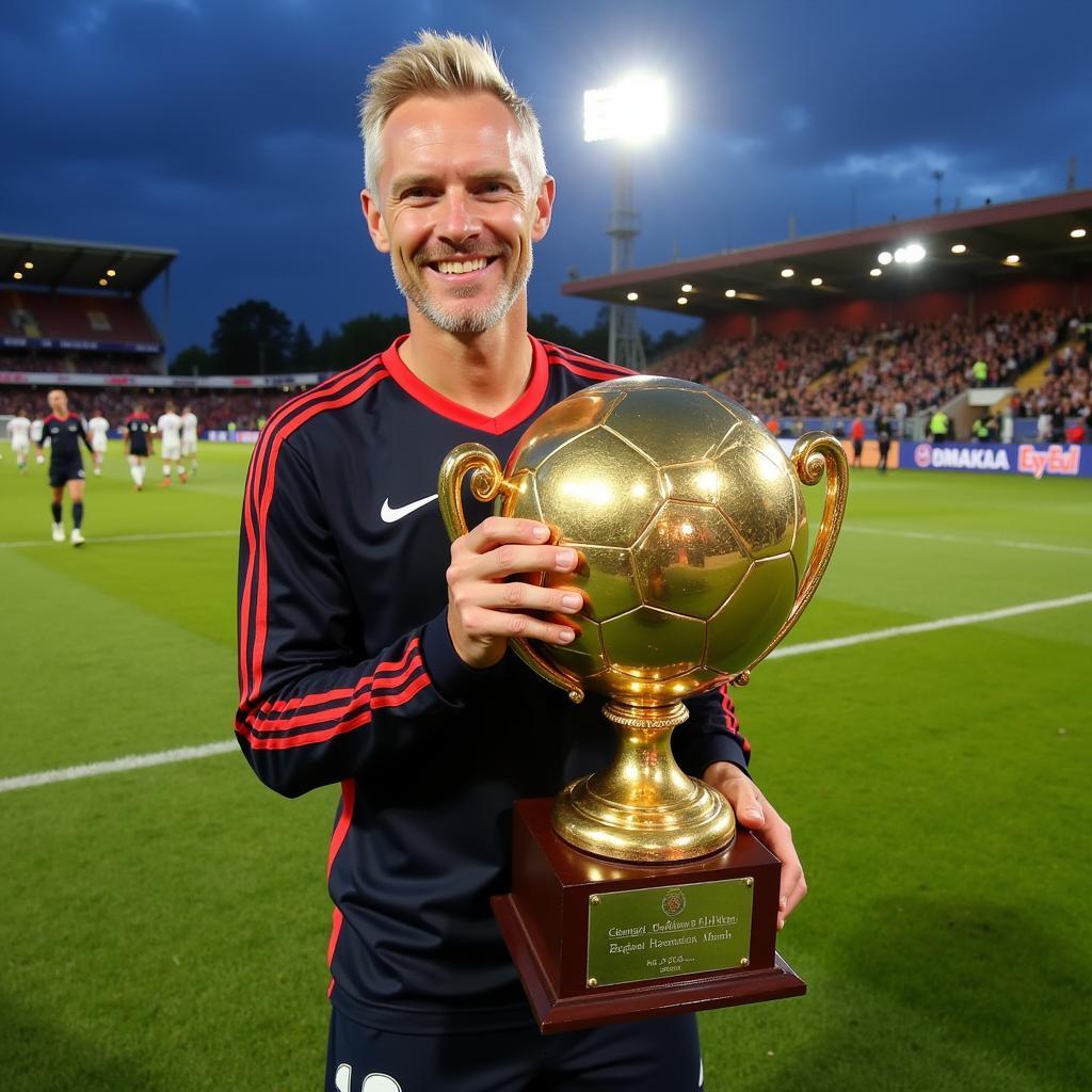 Haaland smiles as he holds a Man of the Match trophy.