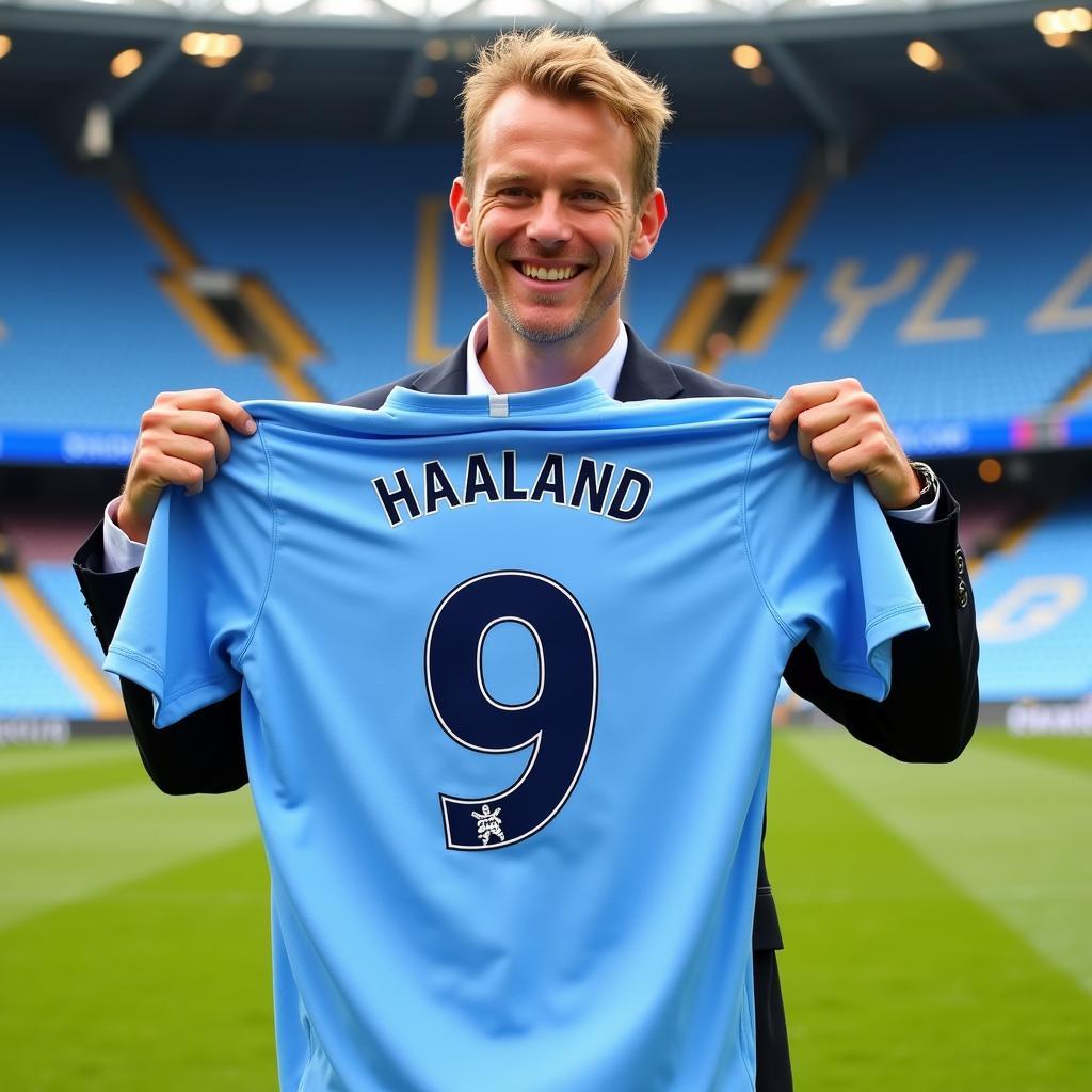 Haaland Holding Up Manchester City Jersey