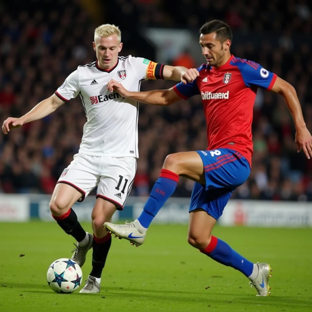 Haaland shielding the ball from a Fulham defender