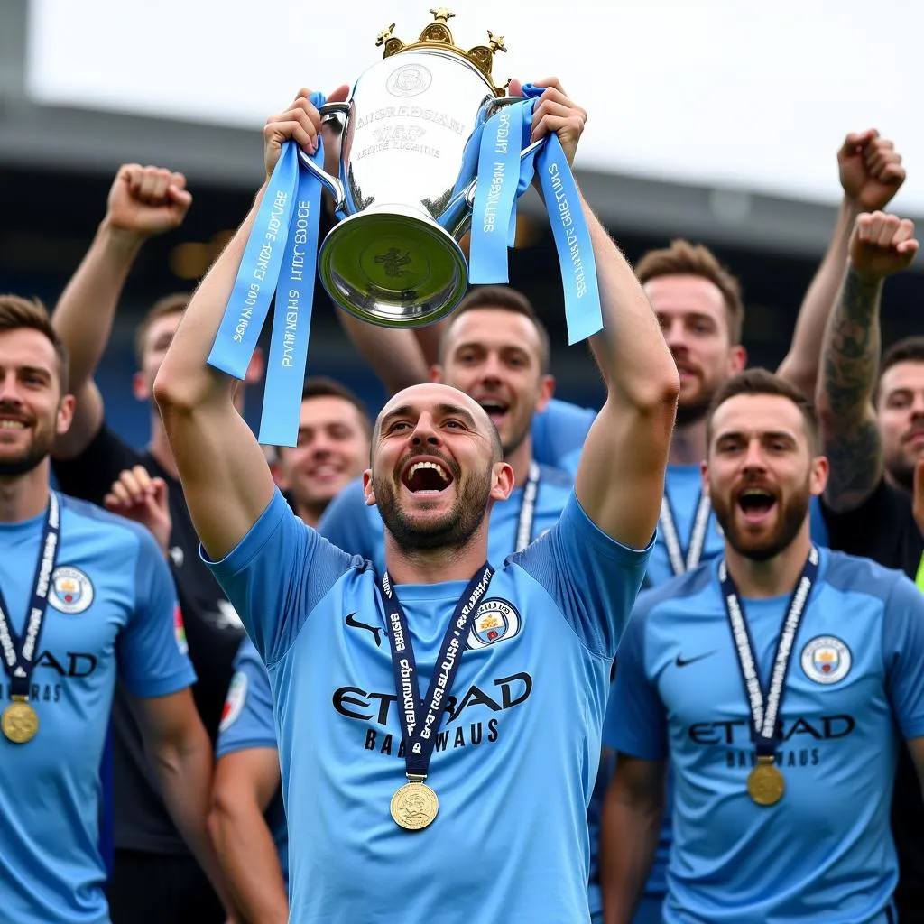 Haaland holding the Premier League trophy