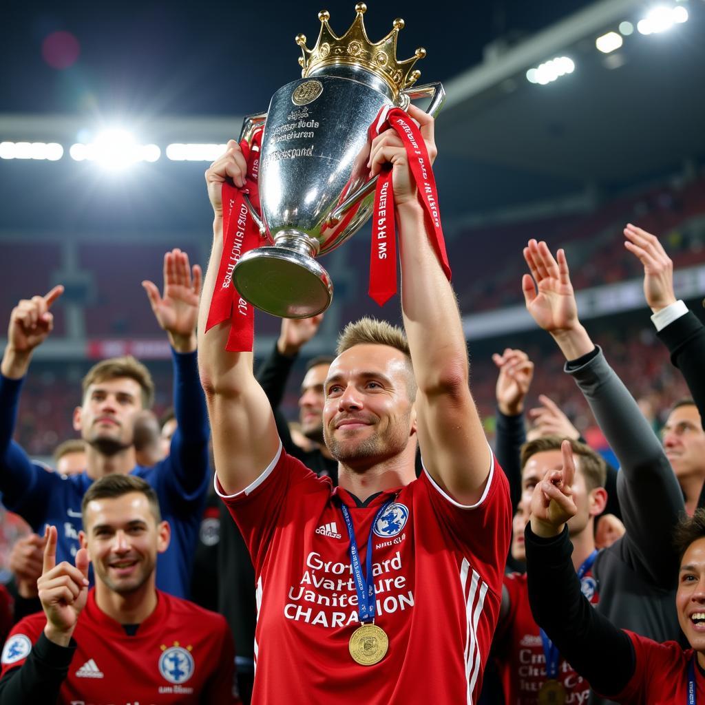 Haaland holding the Premier League trophy aloft