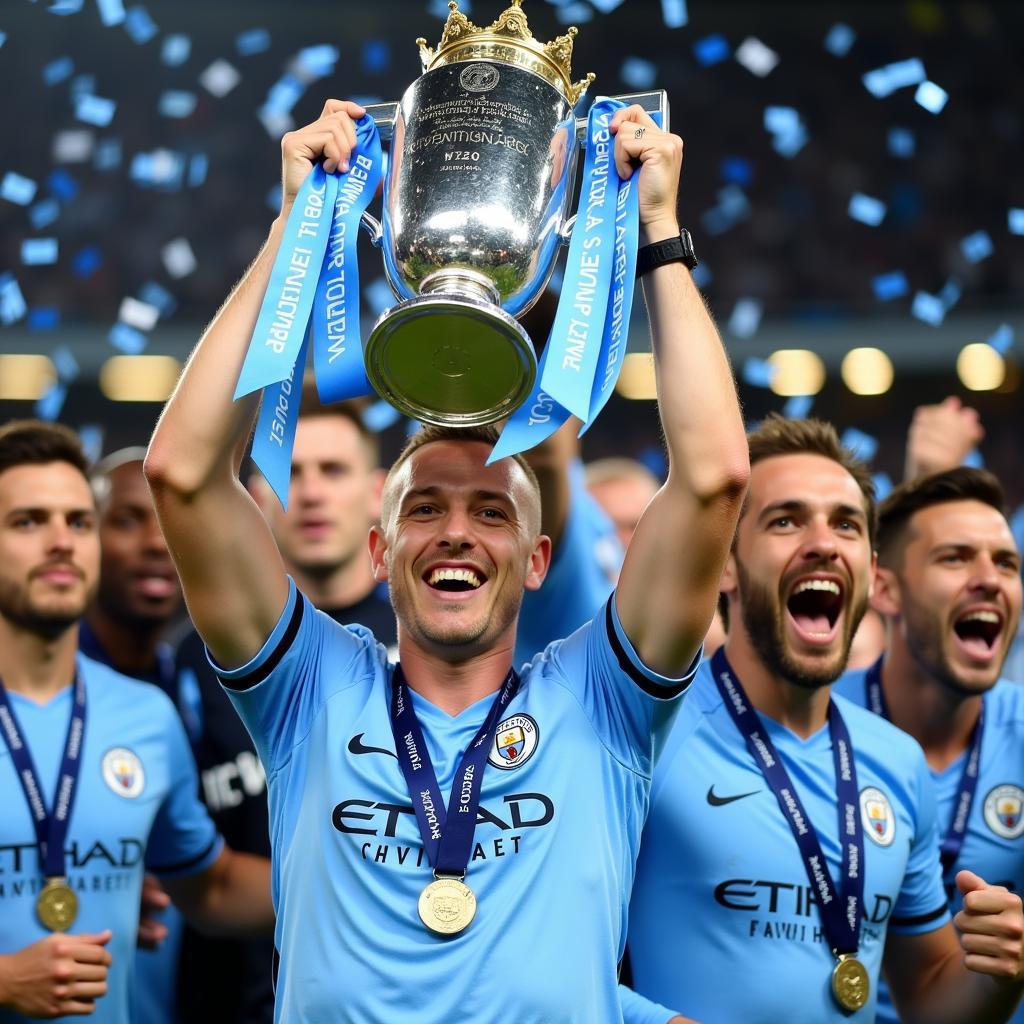 Haaland Holding the Premier League Trophy