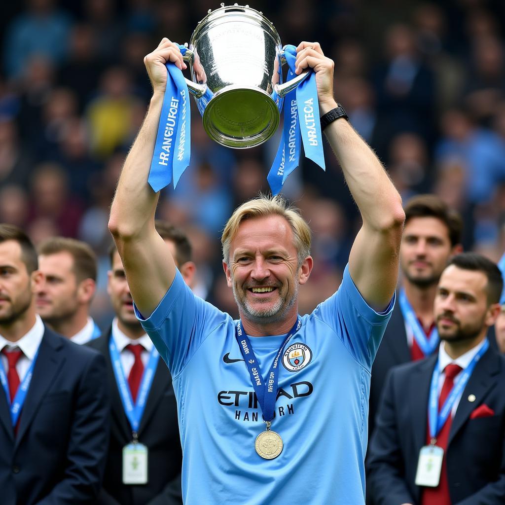 Haaland holding the Premier League trophy