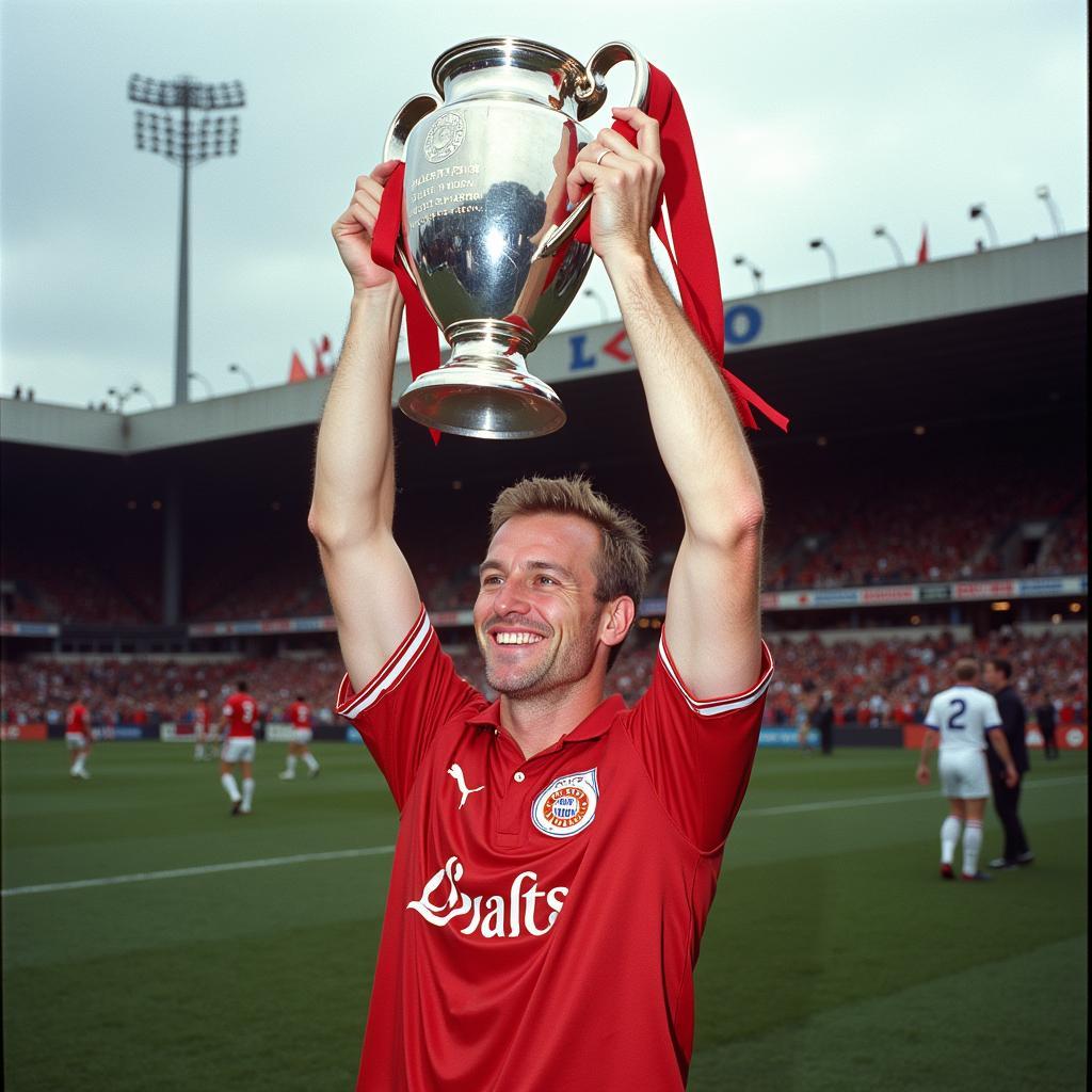 Erling Haaland holding the Champions League Trophy