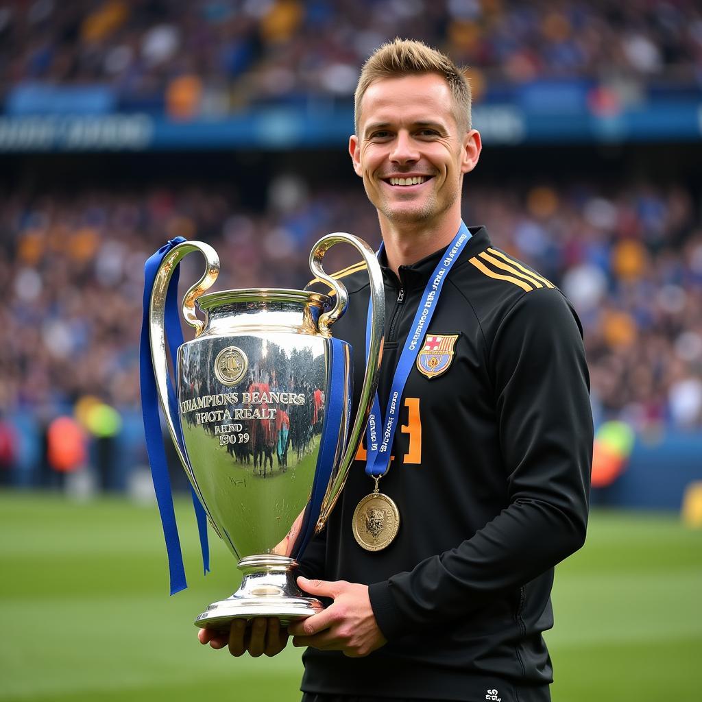 Haaland holding the Champions League trophy