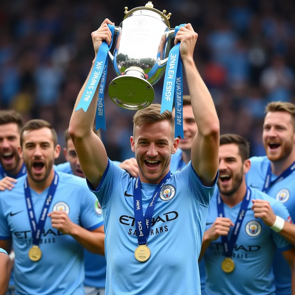 Erling Haaland holds the Premier League trophy aloft after winning the title with Manchester City.