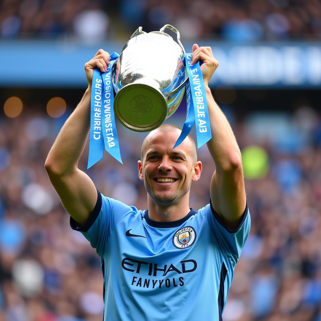 Haaland holding the Premier League trophy aloft