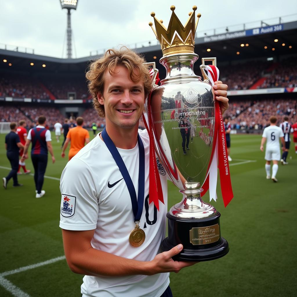 Erling Haaland hoisting the Premier League trophy