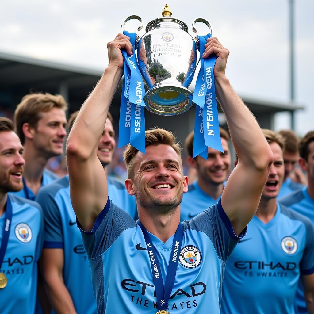 Haaland holding the Premier League trophy