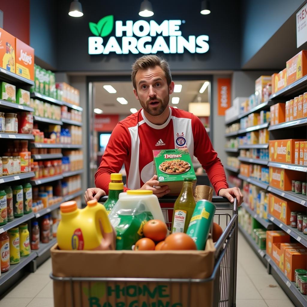 Erling Haaland pushing a shopping cart full of groceries in a Home Bargains store