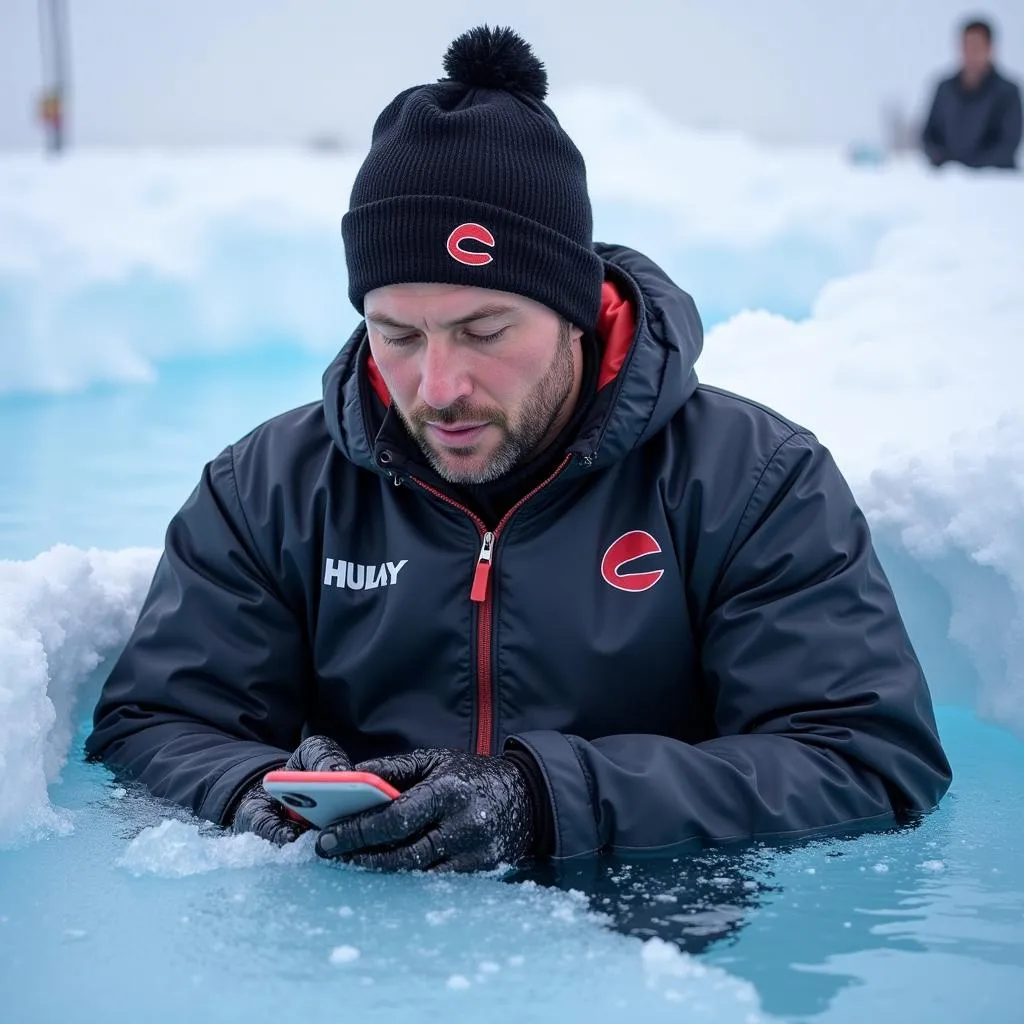 Erling Haaland checking phone in ice bath